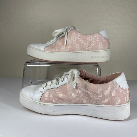 Michael Michael Kors Poppy Lace-Up Sneakers Pink White Size 10 Designer Leather - Picture 2 of 10